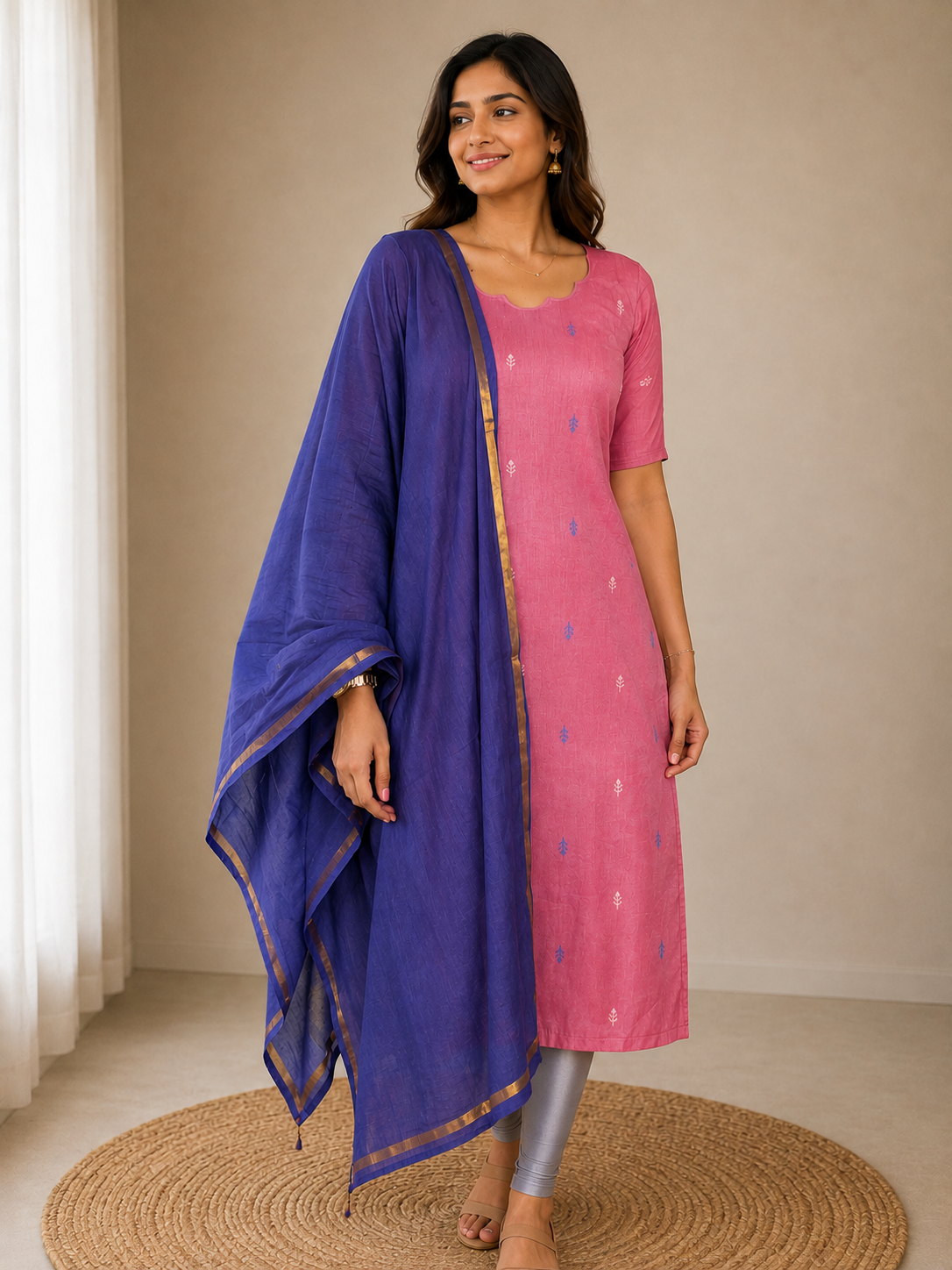 Roseberry - Handloom cotton kurti with shawl