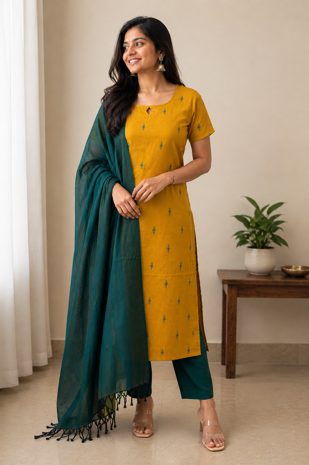 Mustard Meadow - Handloom cotton kurti with dupatta