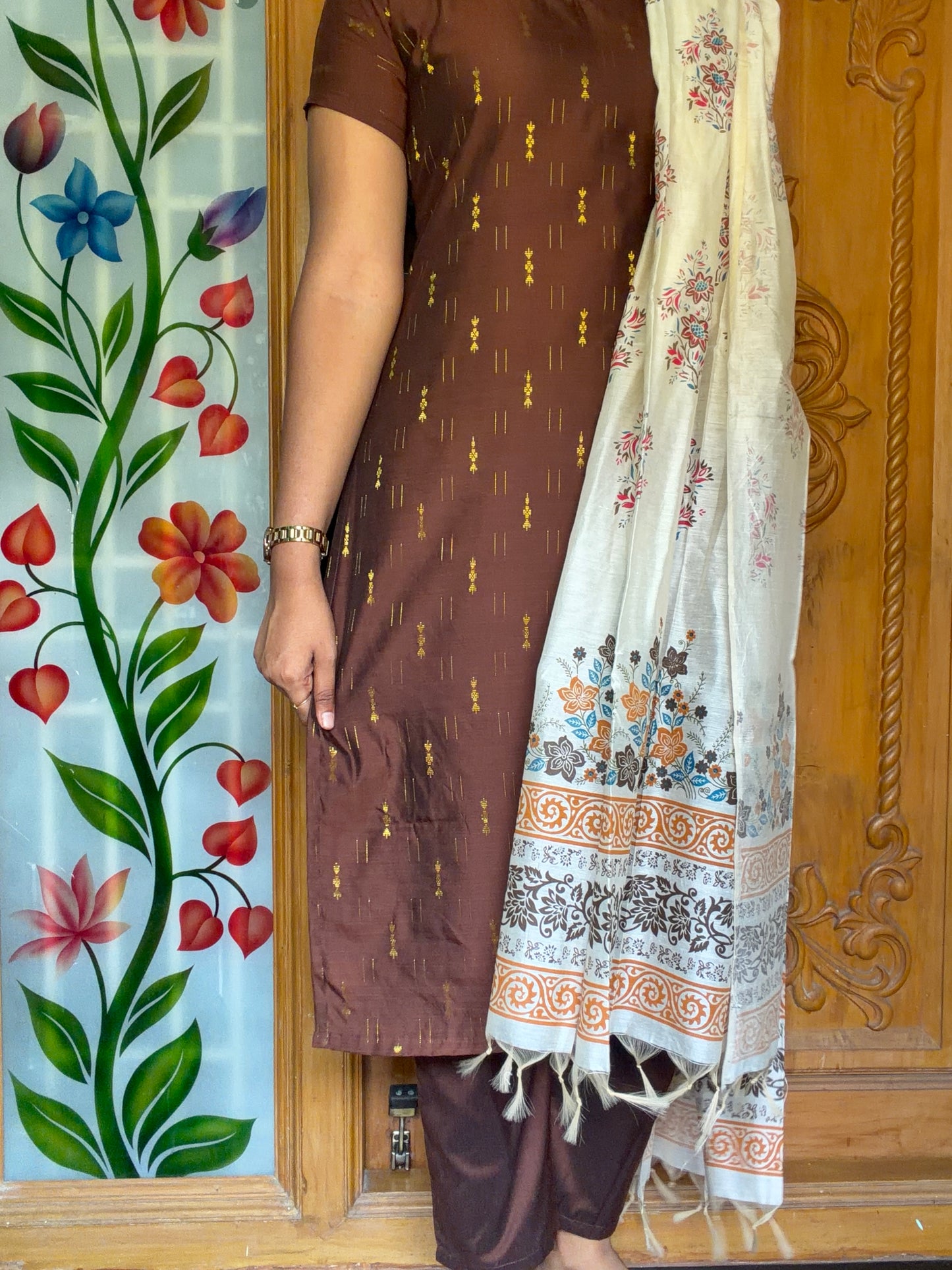 Premium Raw Silk Kurti set with floral printed dupatta