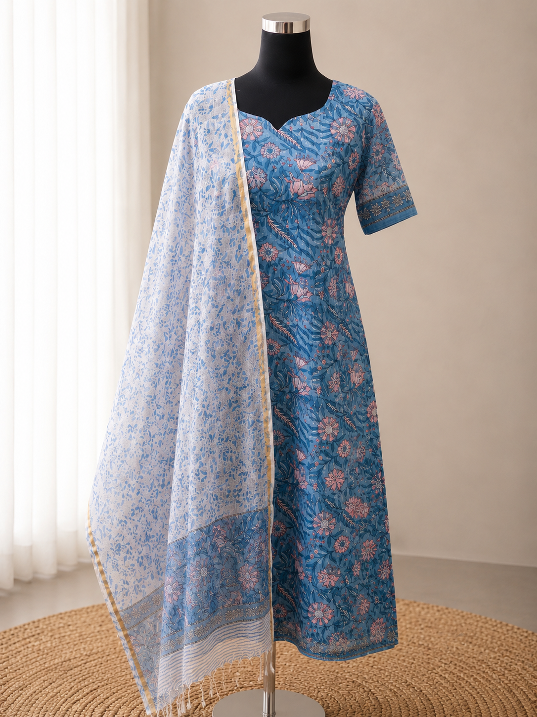 Blue Blossom - Pure Kota Doria(3 piece Set)