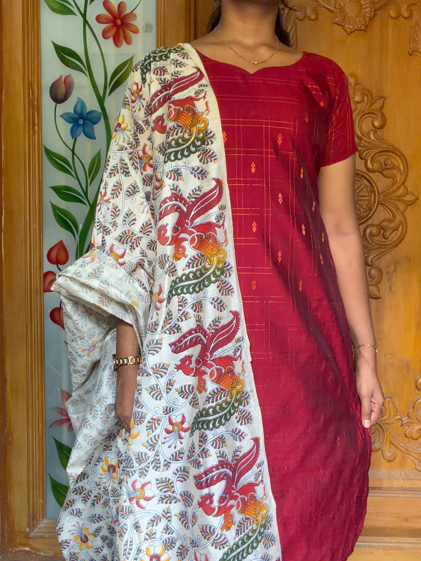 Premium Raw silk kurti set paired with floral printed dupatta