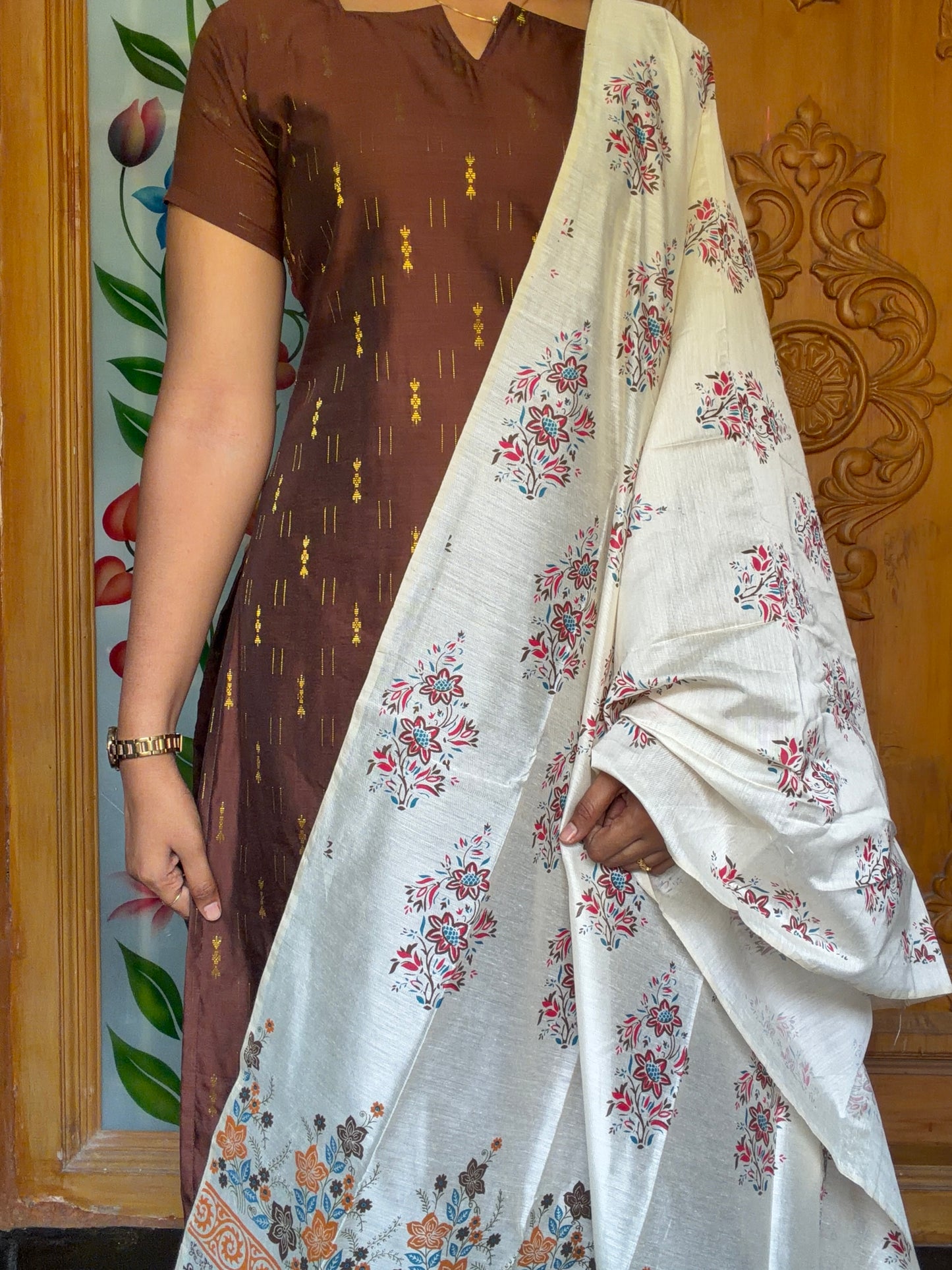 Premium Raw Silk Kurti set with floral printed dupatta