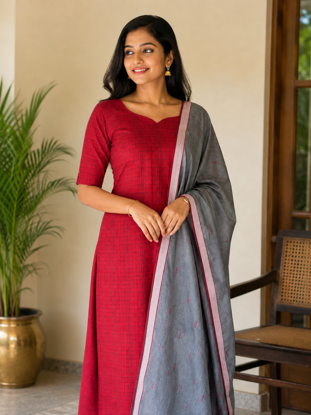 Sindoor Checks - Handloom Cotton Kurti with dupatta