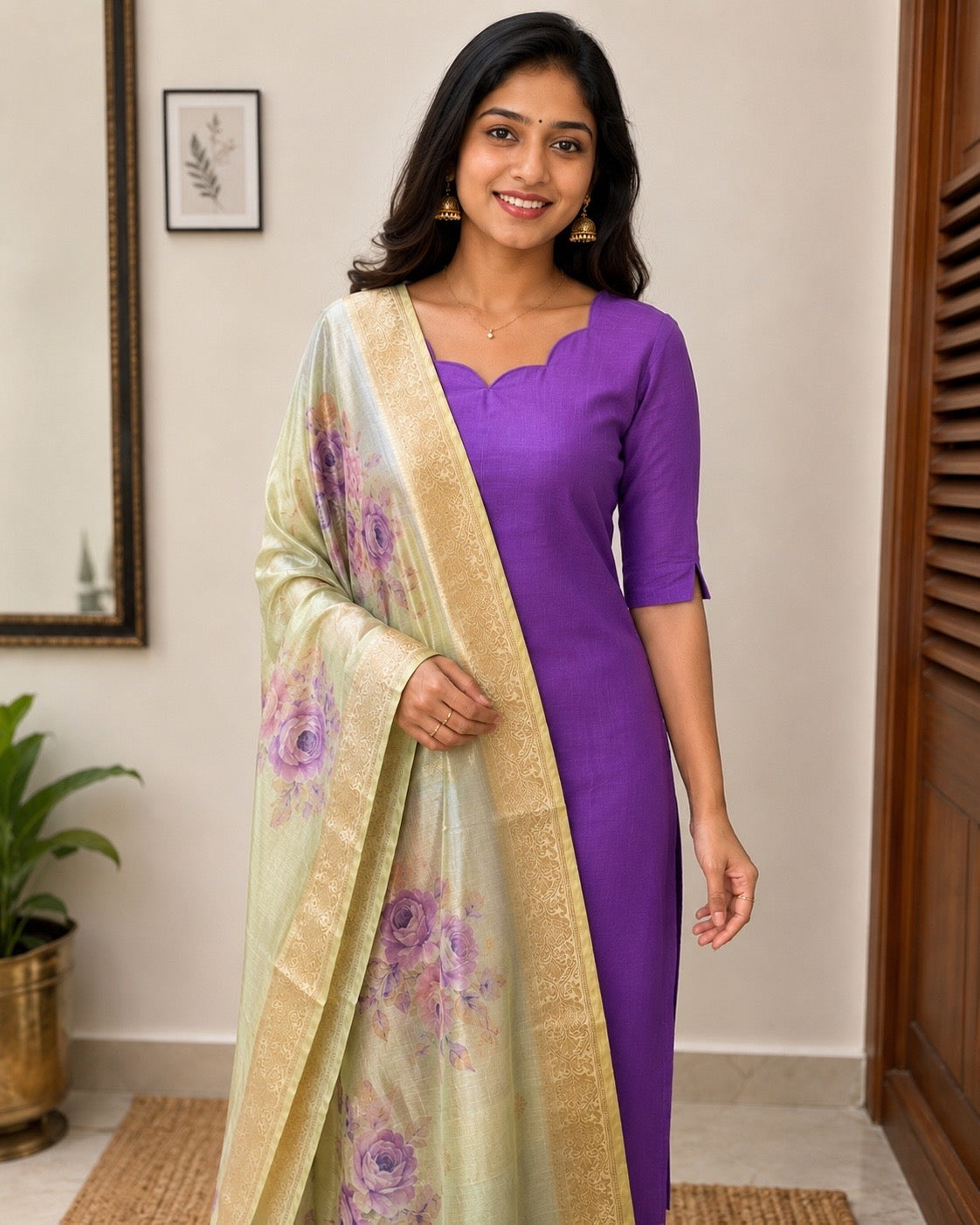 Cotton Kurti paired with Soft chanderi Dupatta