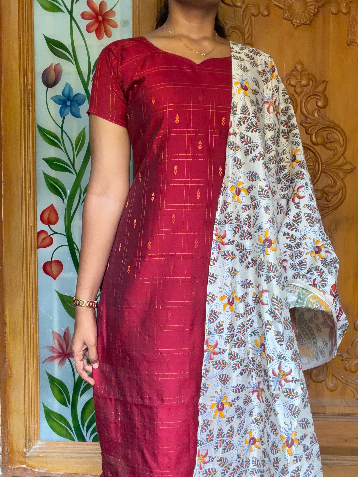 Premium Raw silk kurti set paired with floral printed dupatta