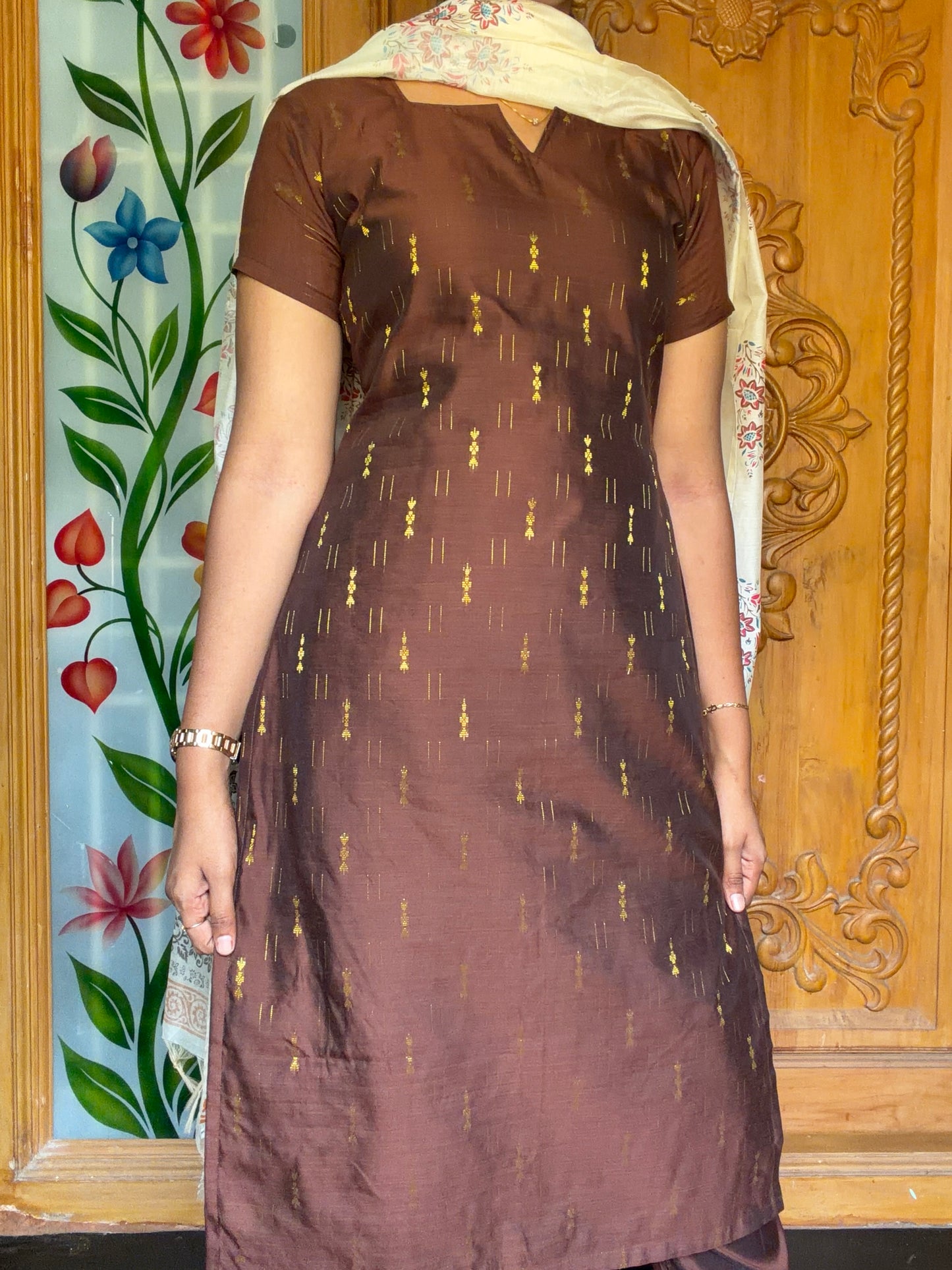 Premium Raw Silk Kurti set with floral printed dupatta