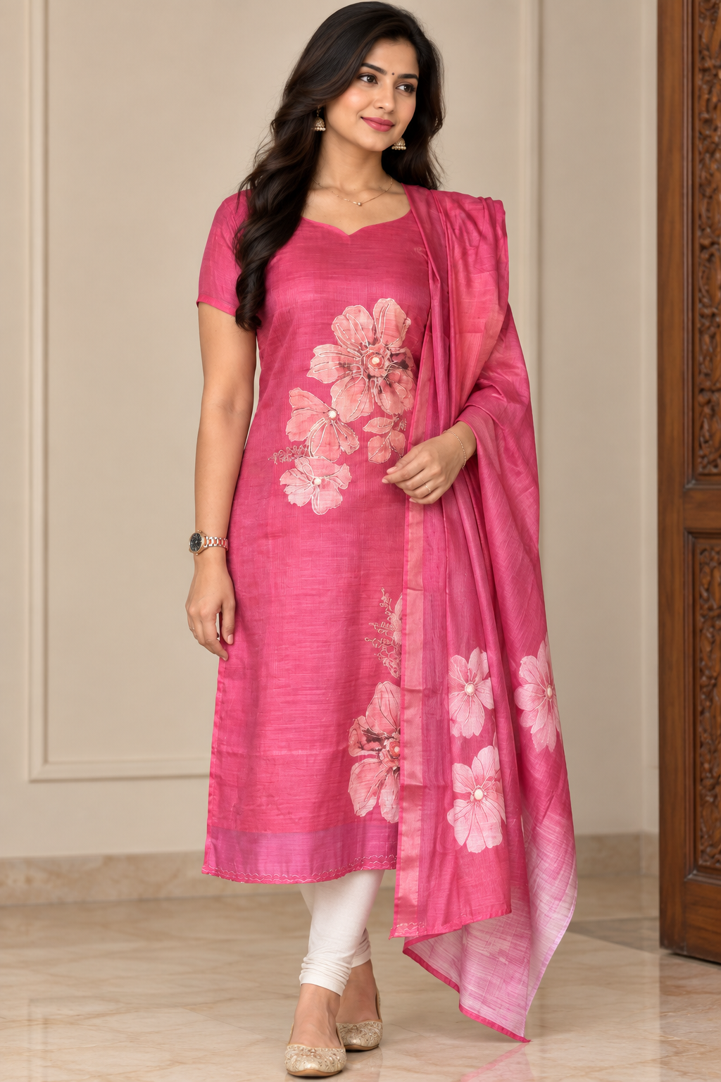 Gulabi Floral - Tissue zari kurti with dupatta