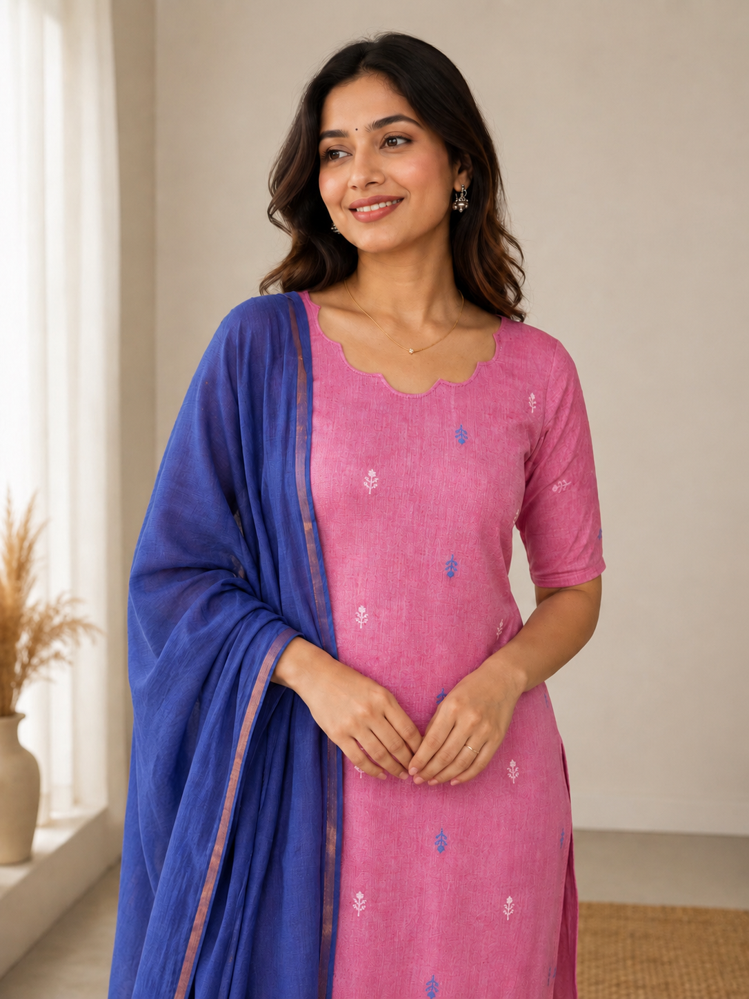 Roseberry - Handloom cotton kurti with shawl