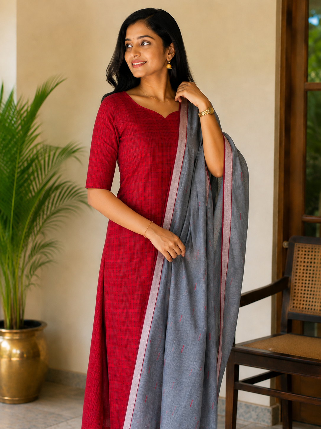 Sindoor Checks - Handloom Cotton Kurti with dupatta