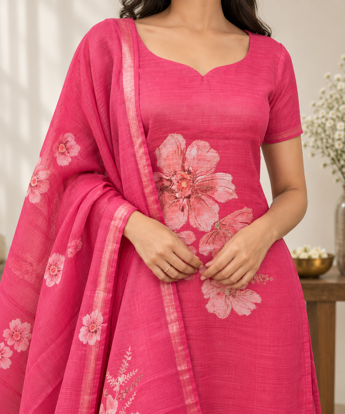 Gulabi Floral - Tissue zari kurti with dupatta