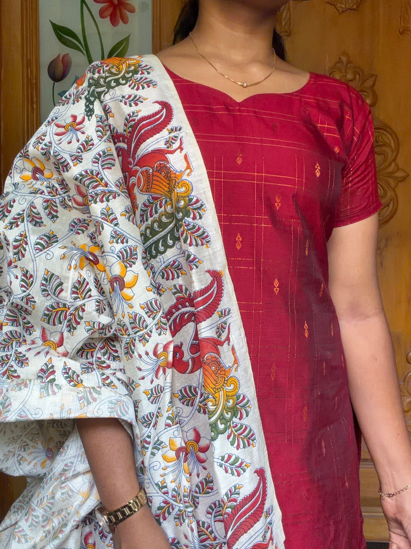 Premium Raw silk kurti set paired with floral printed dupatta