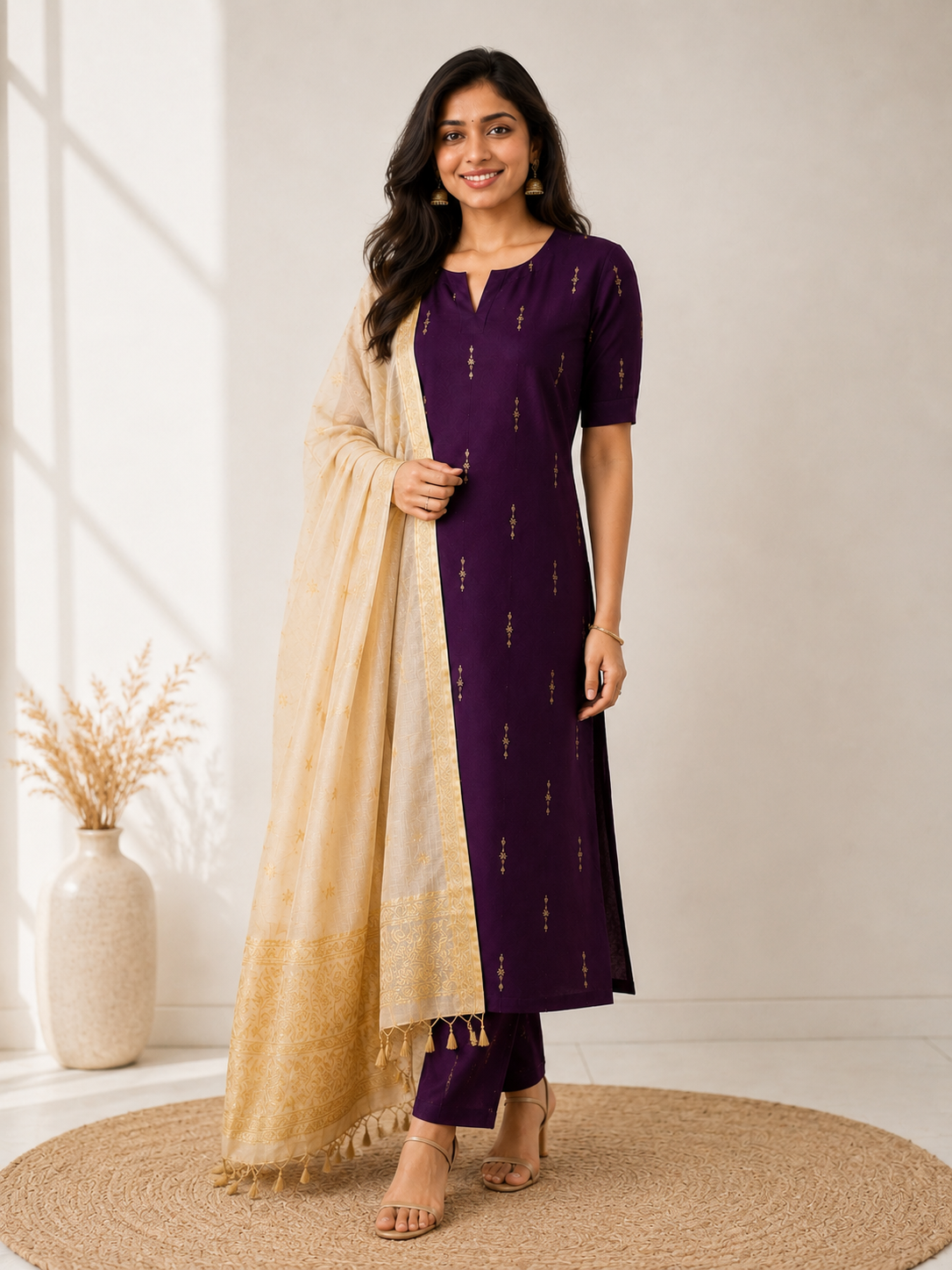 Madhura Plum - Raw silk kurti with Banarasi Chanderi dupatta