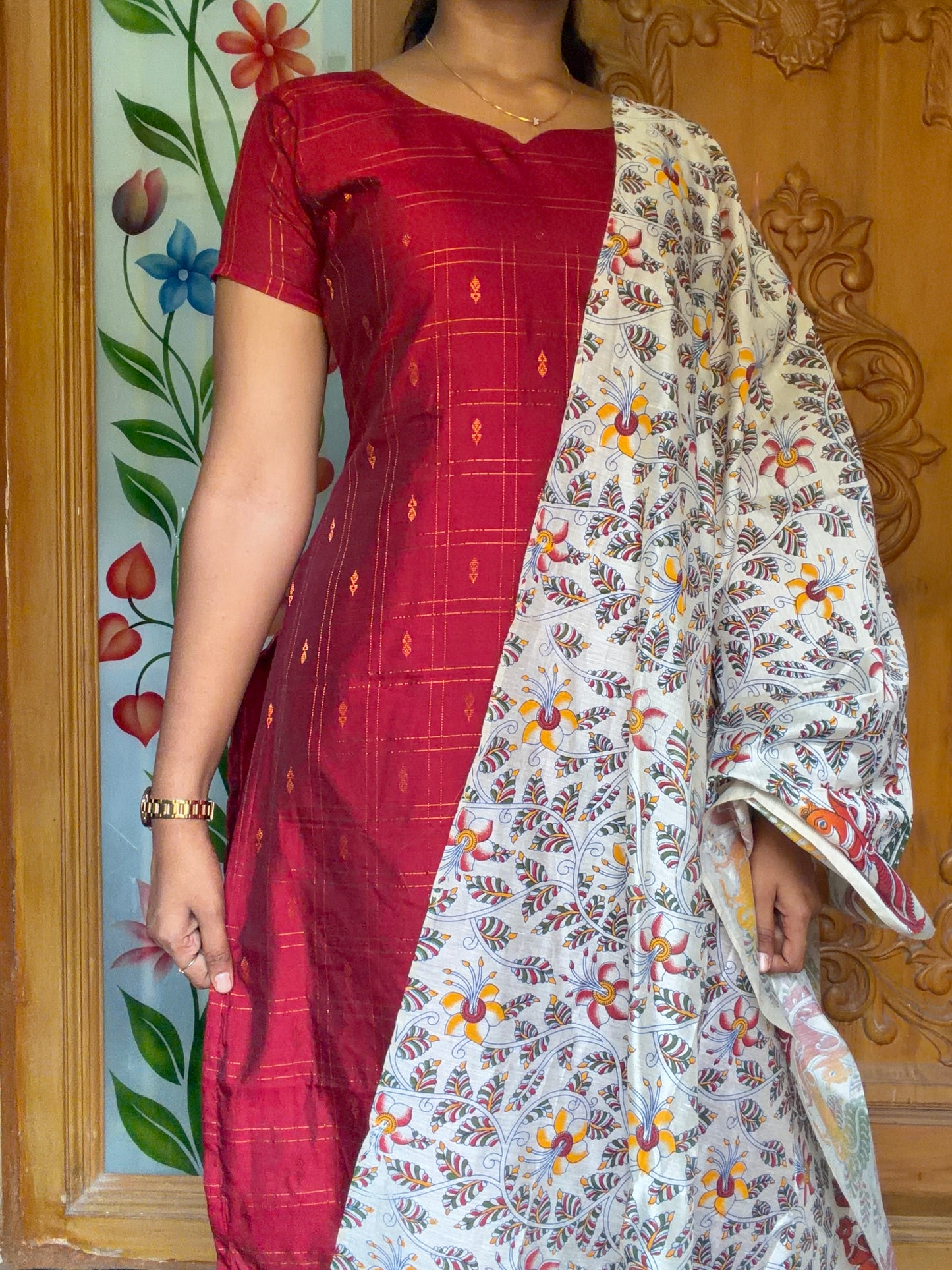 Premium Raw silk kurti set paired with floral printed dupatta