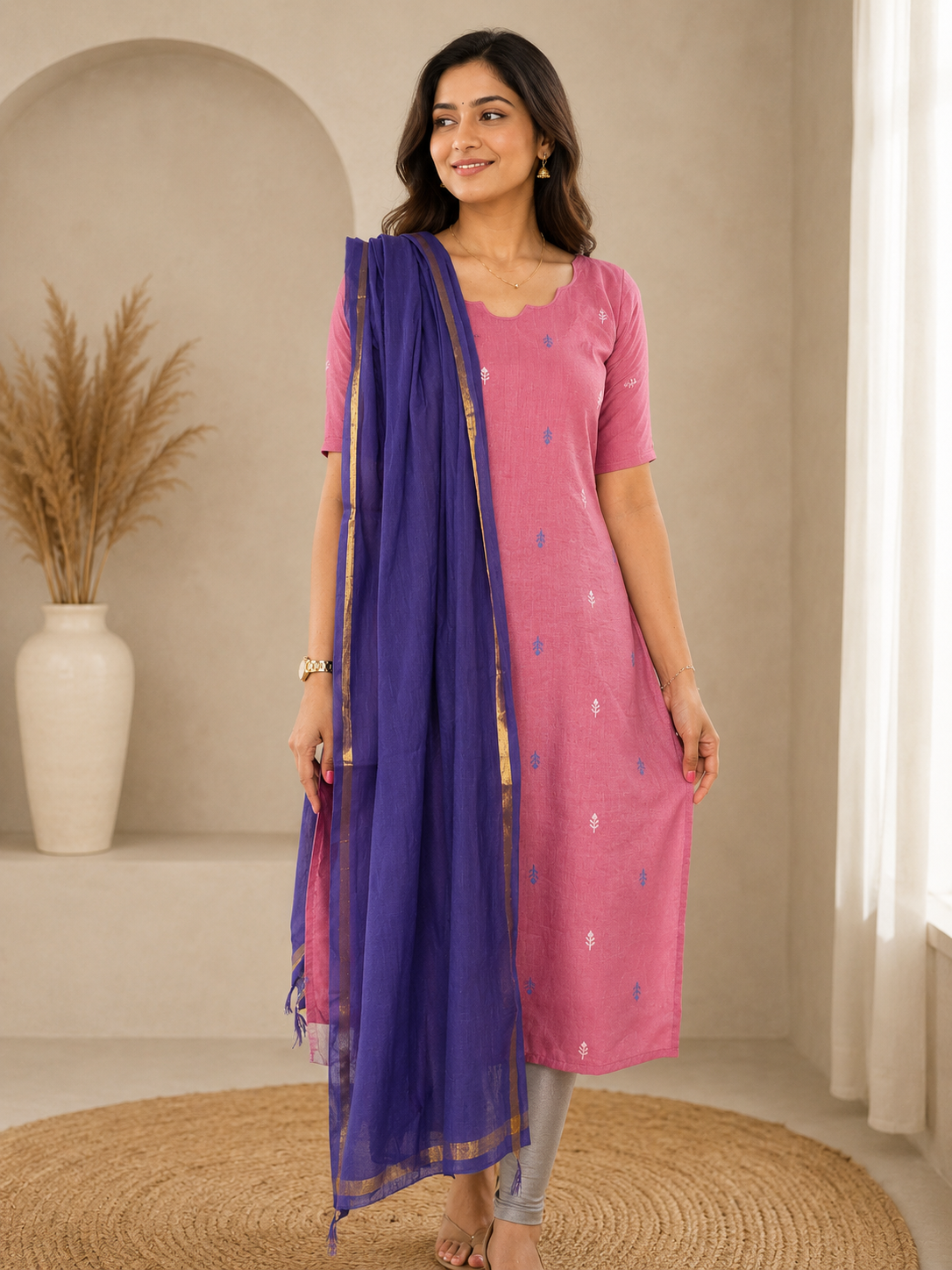 Roseberry - Handloom cotton kurti with shawl