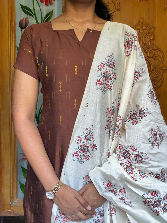 Premium Raw Silk Kurti set with floral printed dupatta