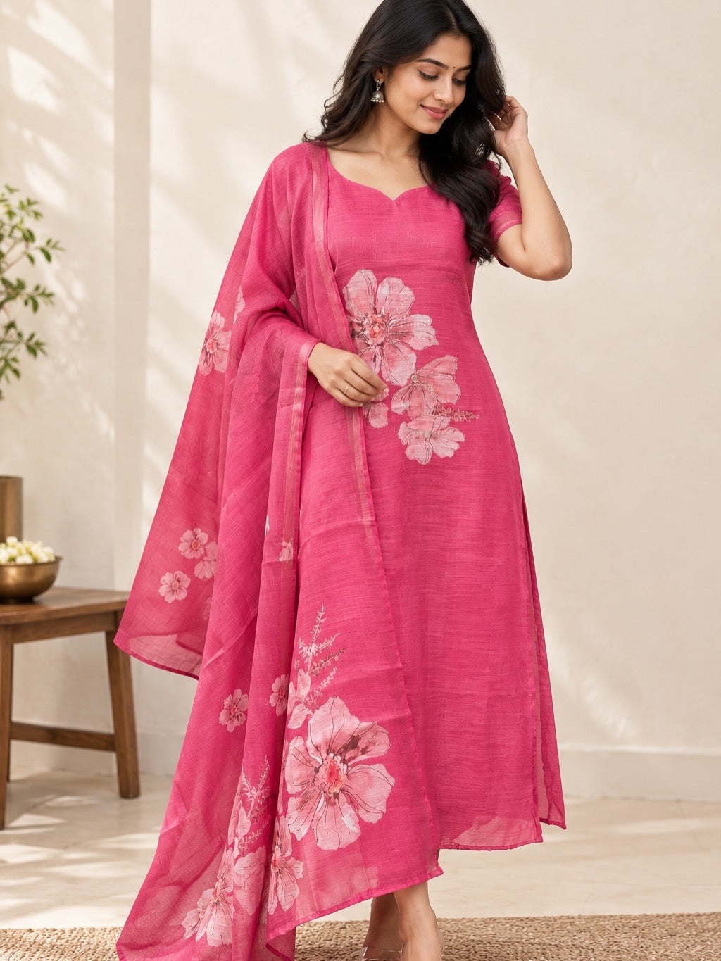 Gulabi Floral - Tissue zari kurti with dupatta