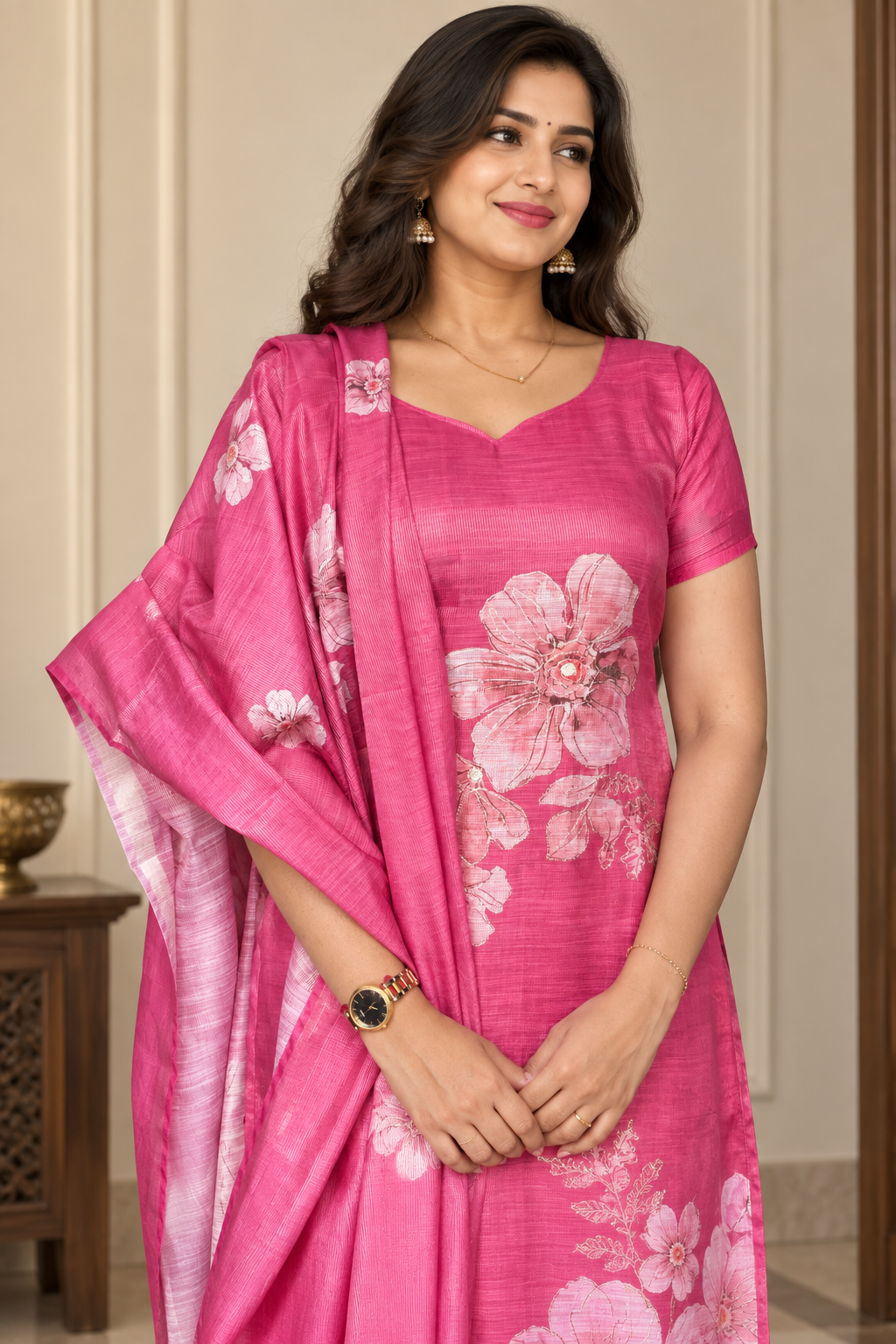 Gulabi Floral - Tissue zari kurti with dupatta