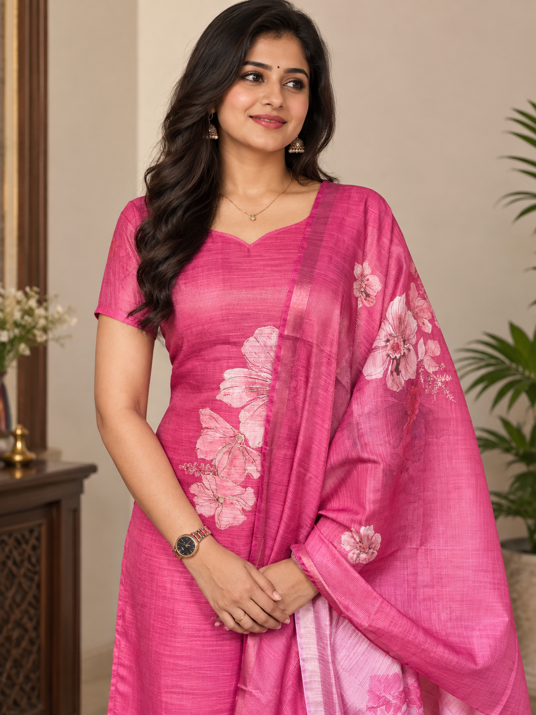Gulabi Floral - Tissue zari kurti with dupatta