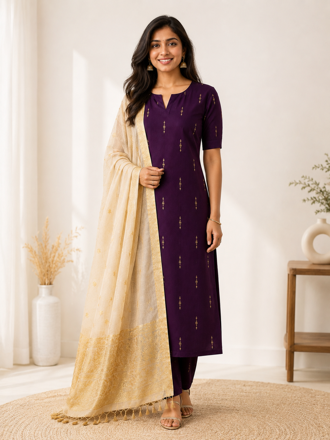 Madhura Plum - Raw silk kurti with Banarasi Chanderi dupatta