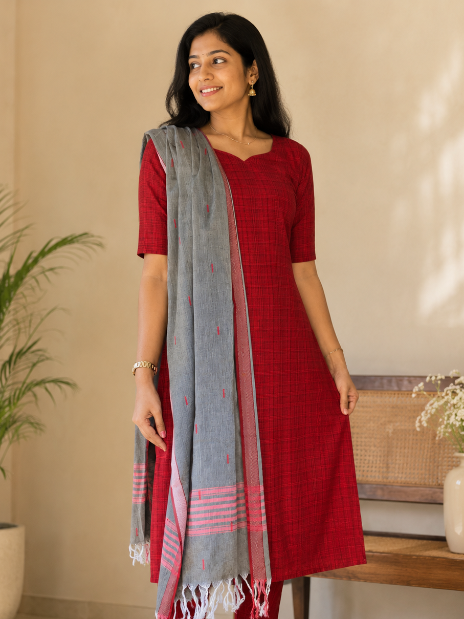 Sindoor Checks - Handloom Cotton Kurti with dupatta