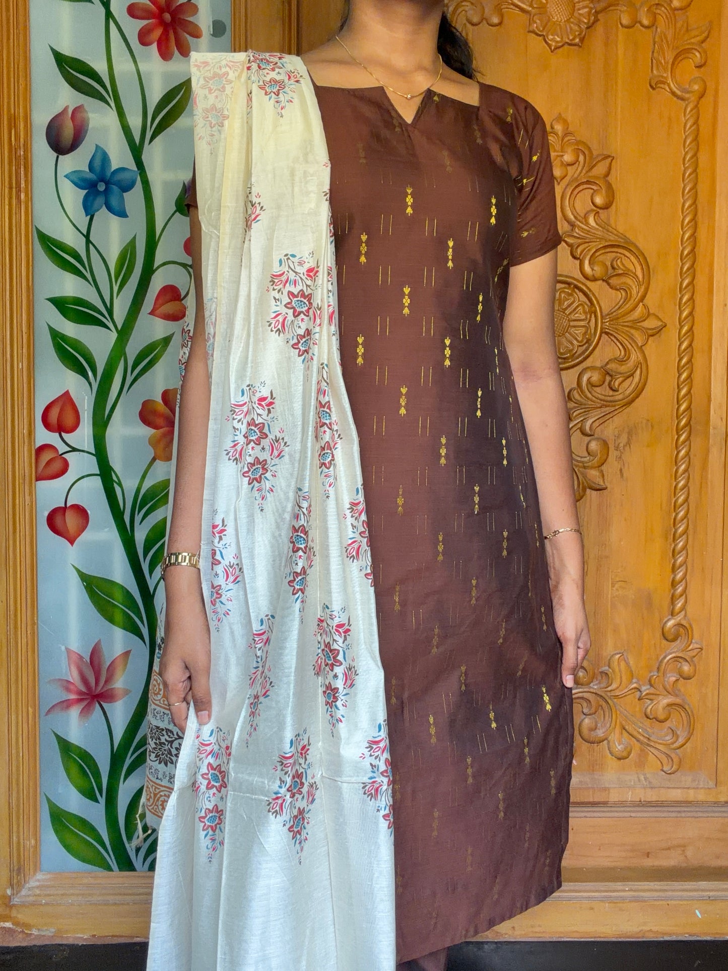 Premium Raw Silk Kurti set with floral printed dupatta