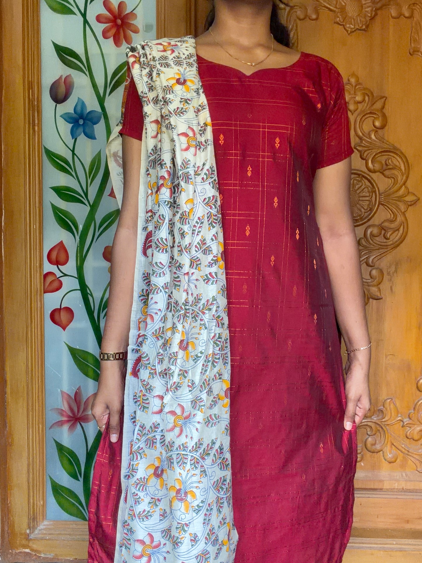 Premium Raw silk kurti set paired with floral printed dupatta