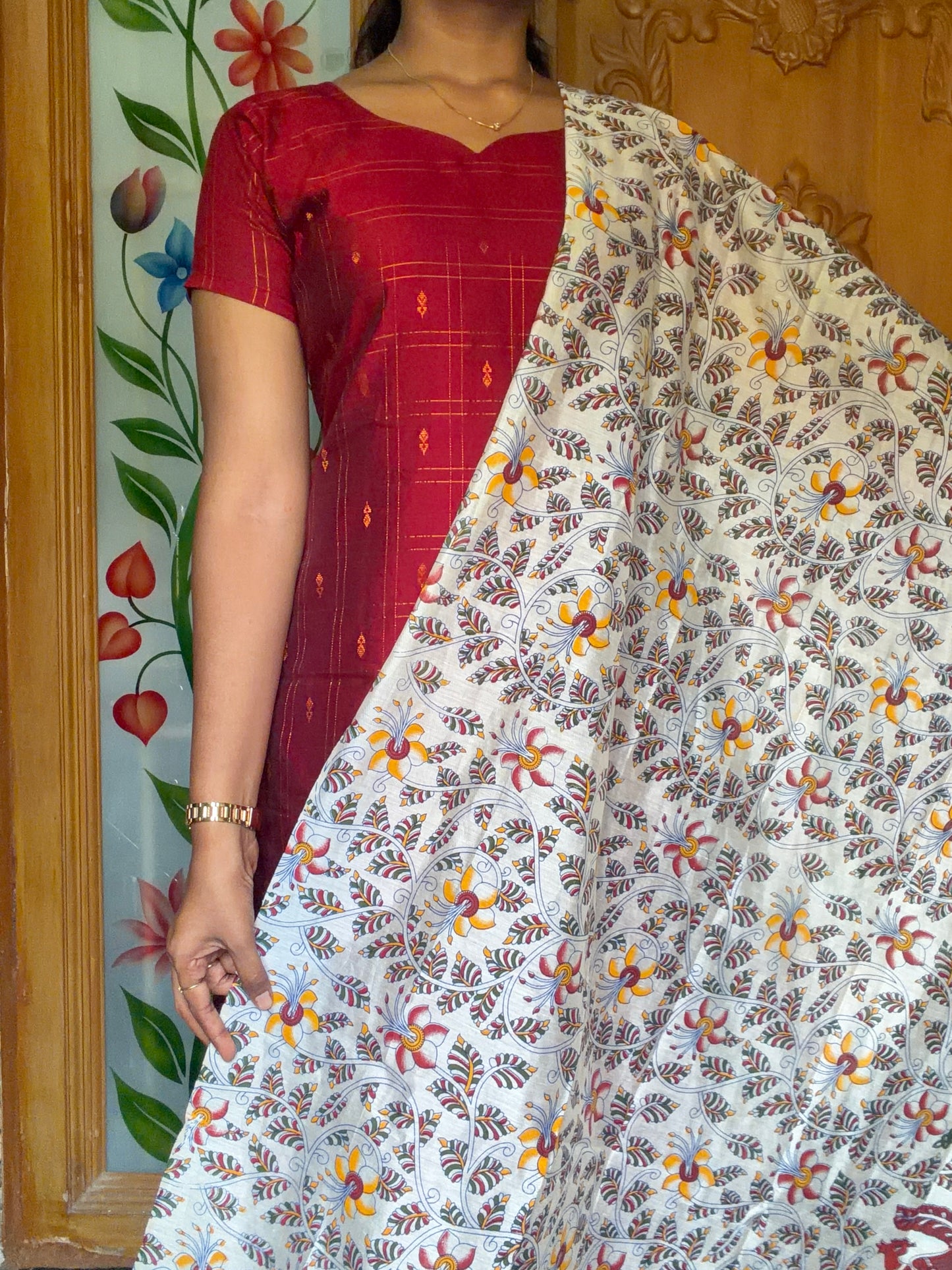 Premium Raw silk kurti set paired with floral printed dupatta