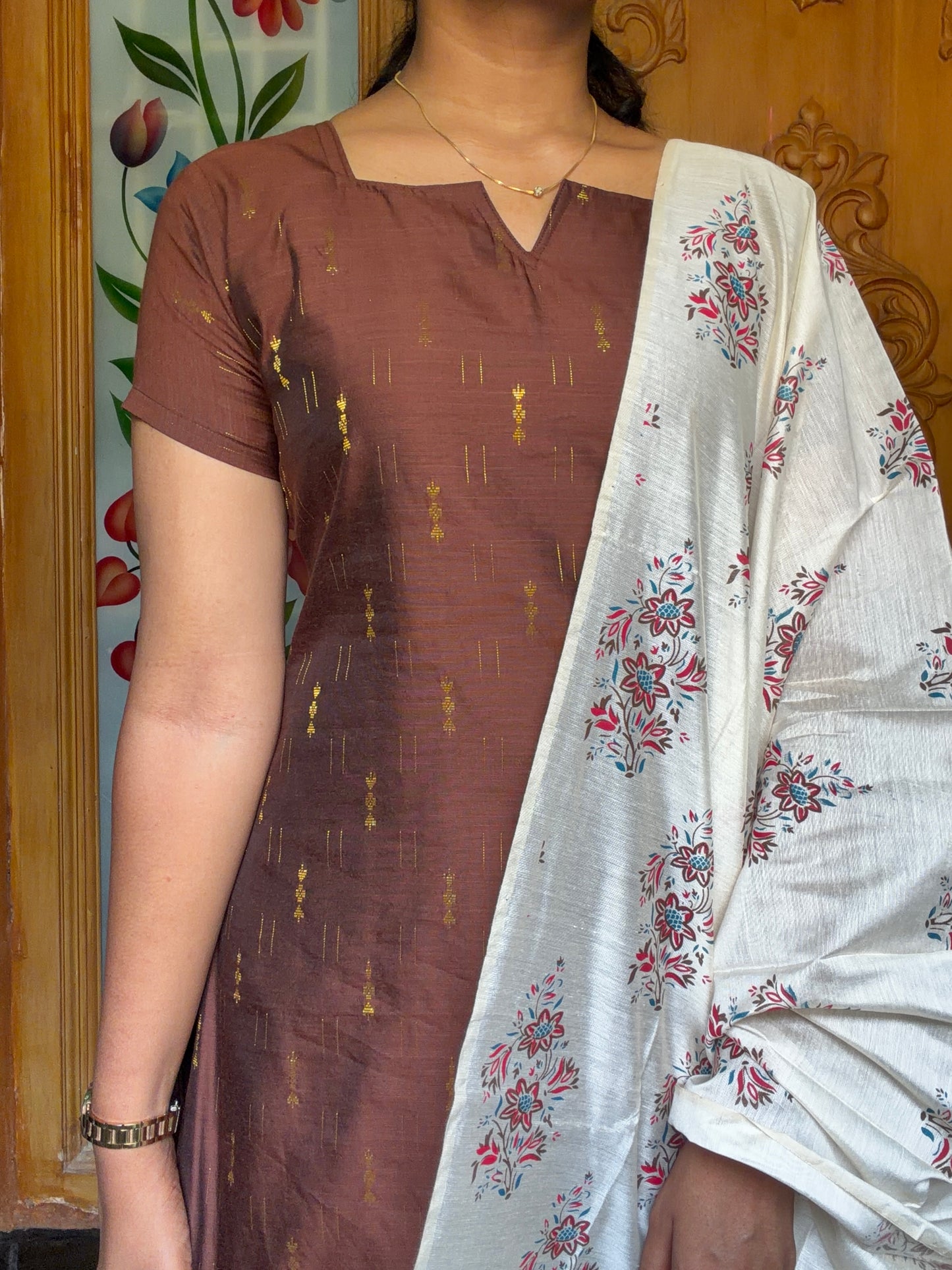 Premium Raw Silk Kurti set with floral printed dupatta