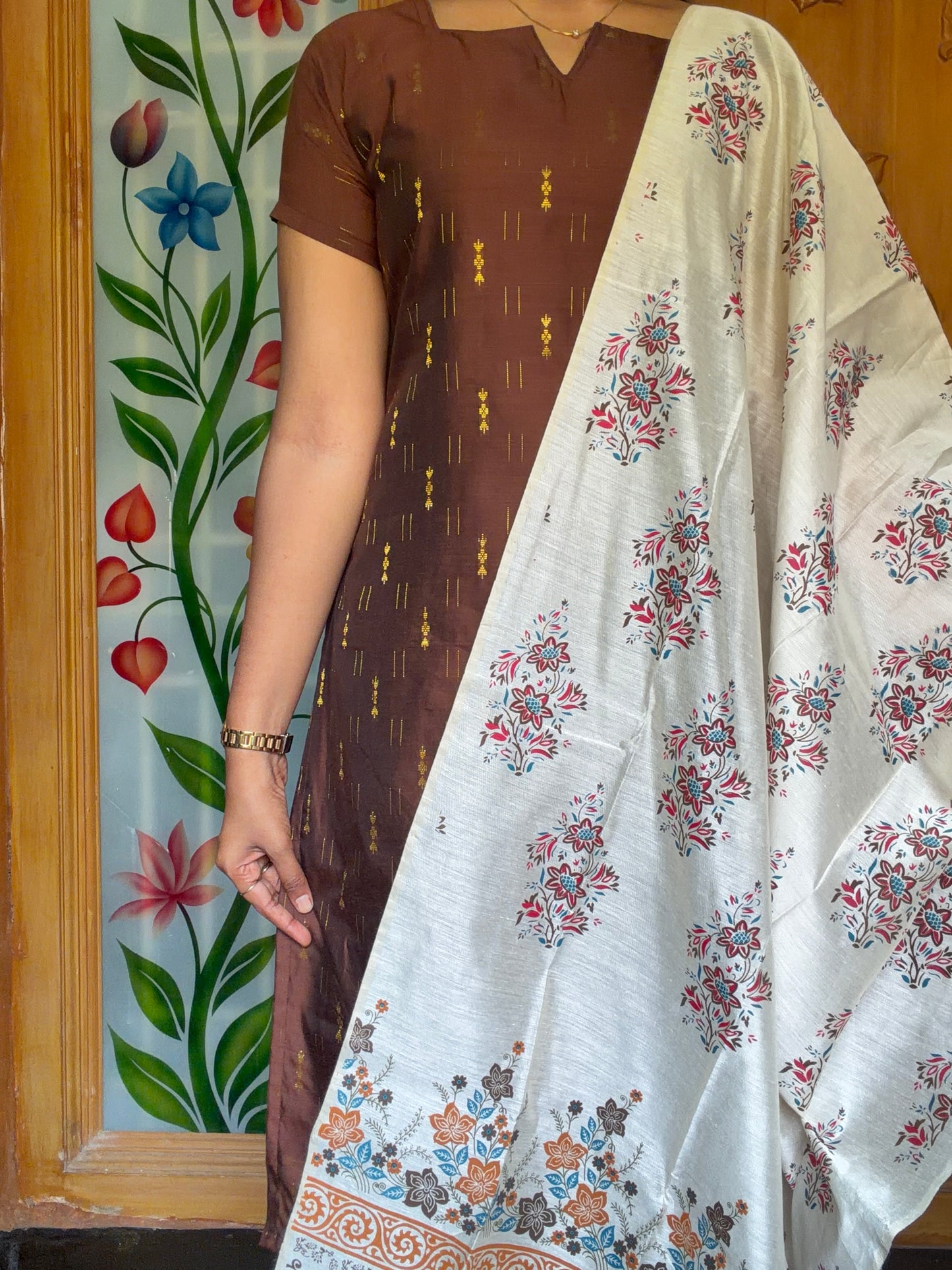 Premium Raw Silk Kurti set with floral printed dupatta