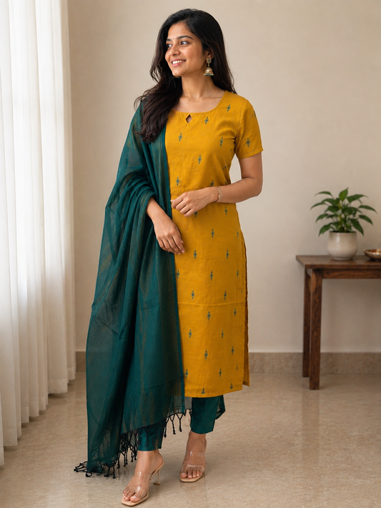 Mustard Meadow - Handloom cotton kurti with dupatta