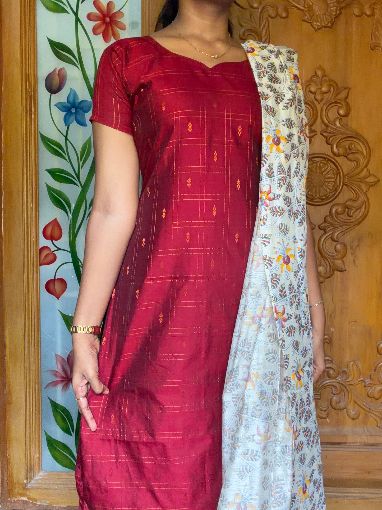 Premium Raw silk kurti set paired with floral printed dupatta