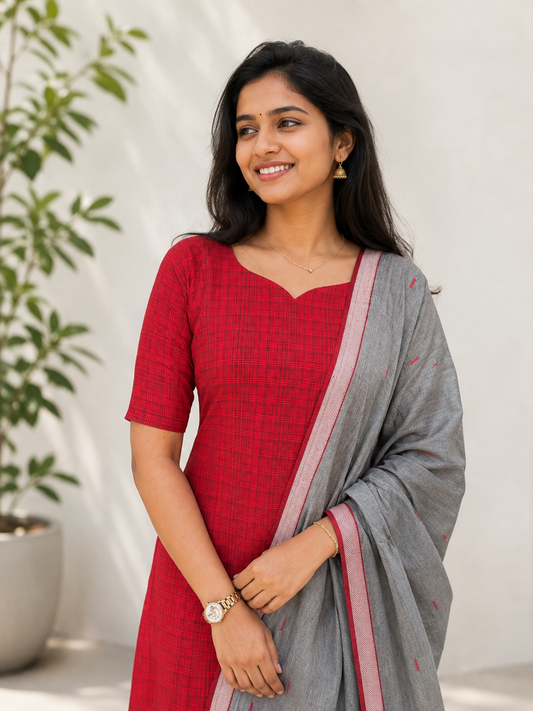 Sindoor Checks - Handloom Cotton Kurti with dupatta