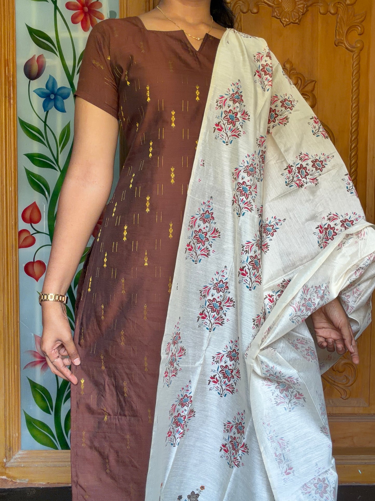 Premium Raw Silk Kurti set with floral printed dupatta