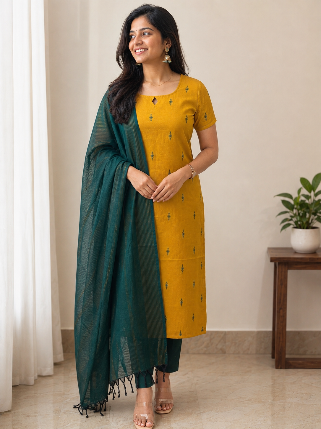 Mustard Meadow - Handloom cotton kurti with dupatta