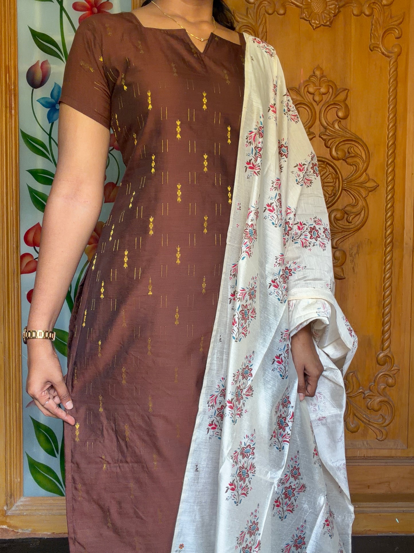 Premium Raw Silk Kurti set with floral printed dupatta