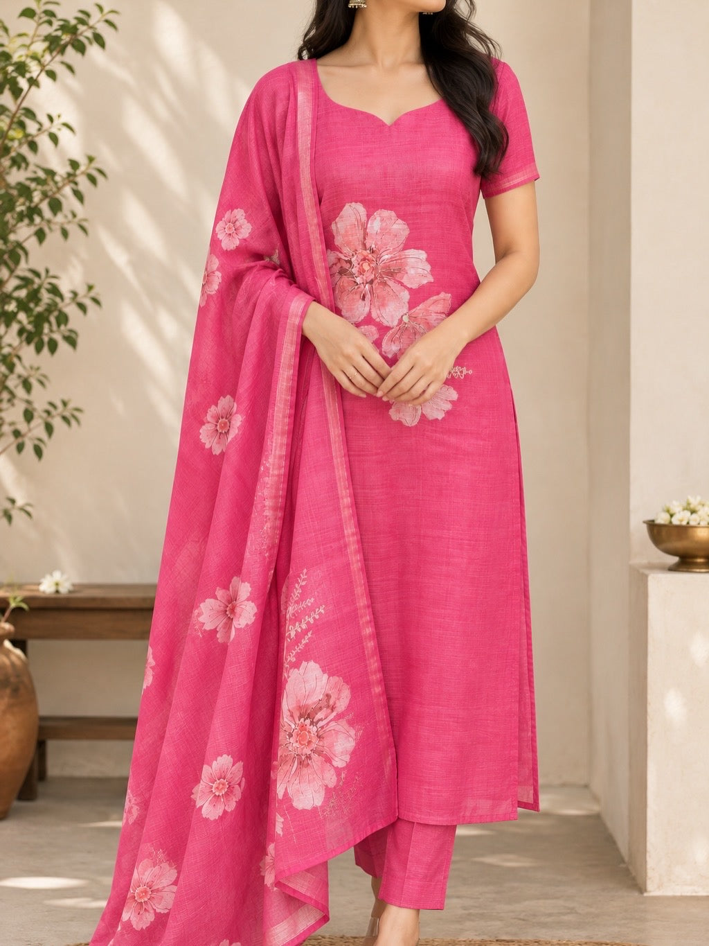 Gulabi Floral - Tissue zari kurti with dupatta