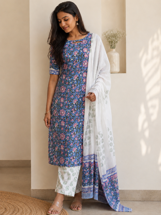 Meghna blue – Handblock Cotton (3 piece Set)