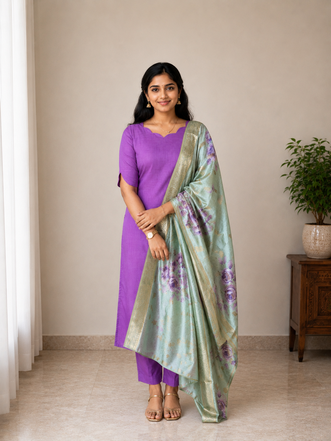 Cotton Kurti with Soft chanderi silk Dupatta