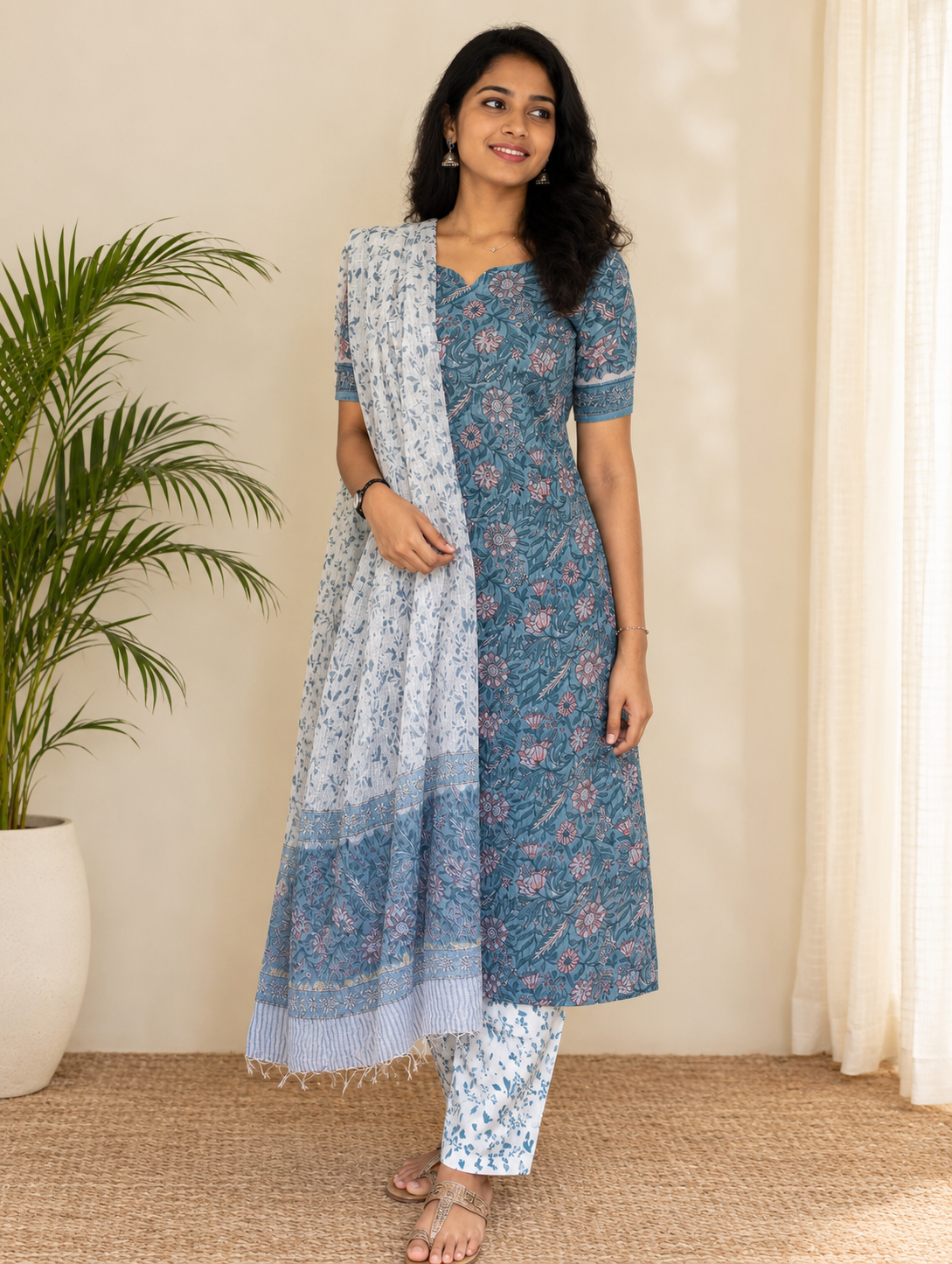 Blue Blossom - Pure Kota Doria(3 piece Set)
