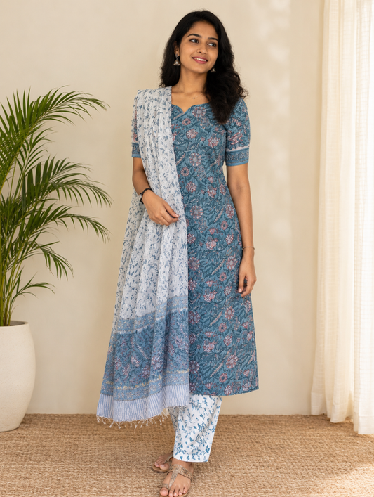 Blue Blossom - Pure Kota Doria(3 piece Set)