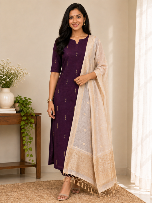 Madhura Plum - Raw silk kurti with Banarasi Chanderi dupatta