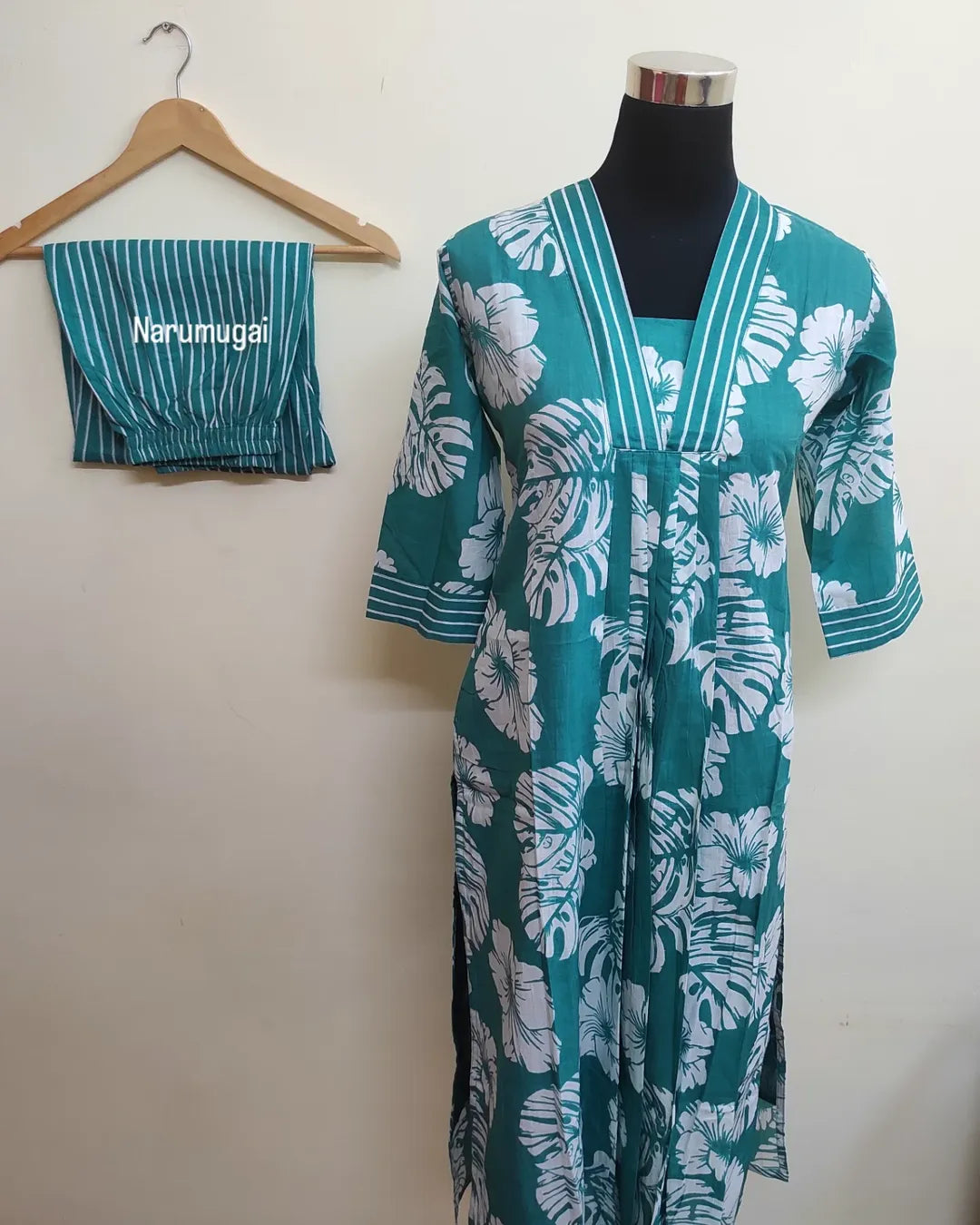 NC01-Green floral  cotton kurti with pant